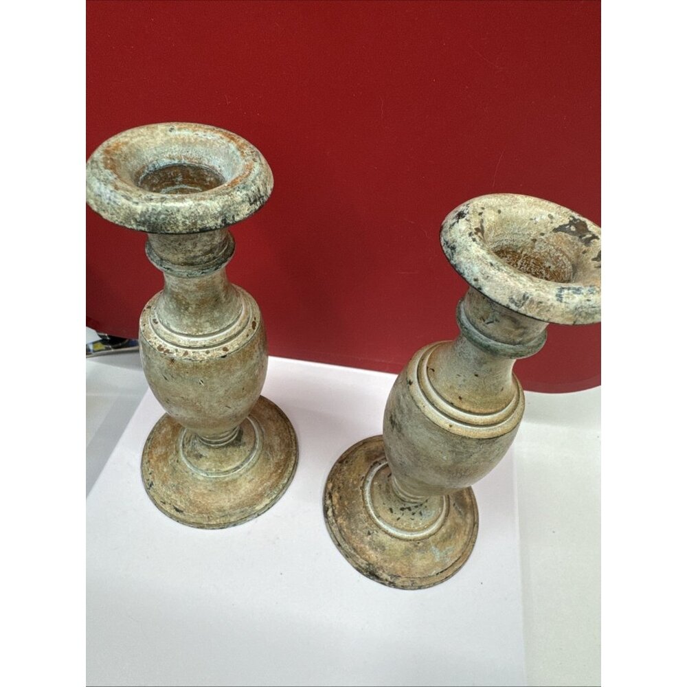 Vtg Rare Pair of Solid Bronze Candle Sticks Holders Gray Green Orange 6”x3” - Picture 2 of 10